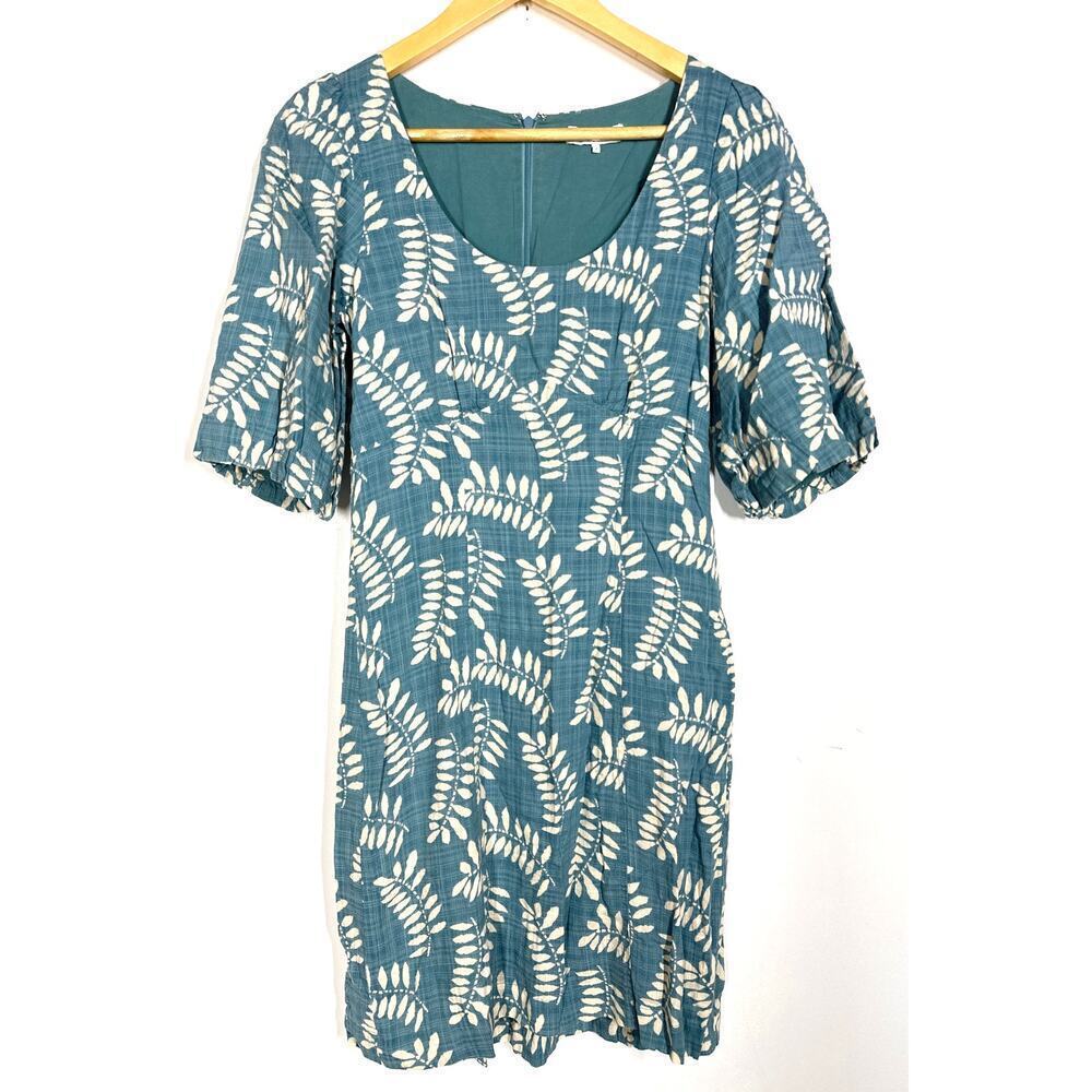 Parker Cammi Dress Leaf Print Short Puff Sleeve Scoop Neck Mini Sheath Green 2 - Picture 4 of 9
